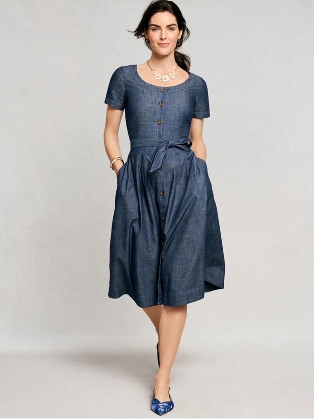Talbots /Chambray Blue Denim Button-Front Midi Dress Tie Waist - Sz. 12/14